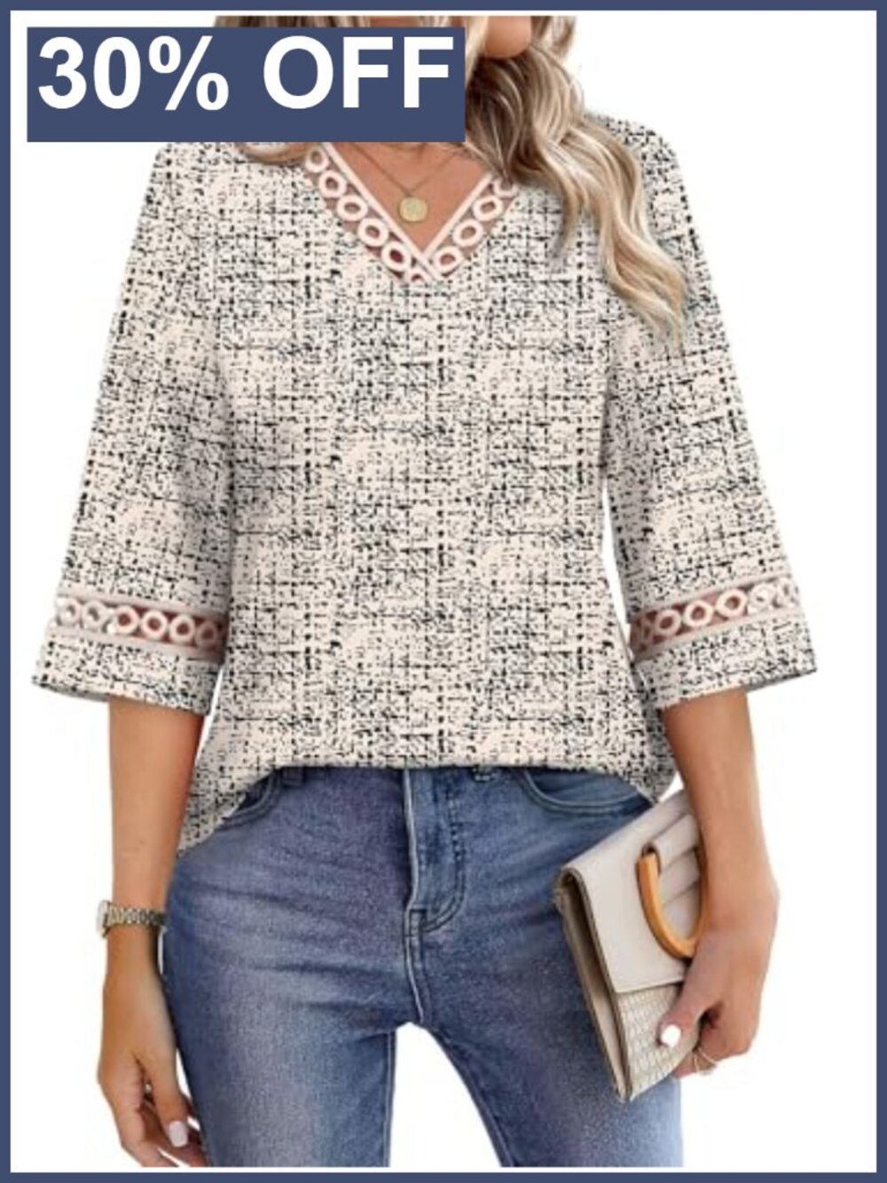 Womens Eyelet Lace V Neck 3/4 Bell Sleeve Blouse Tunic Work Dressy Casual